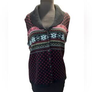 Vtg 90s Nordic Knit Preppy Collared Ski Winter Holiday Cardigan Sweater Vest M